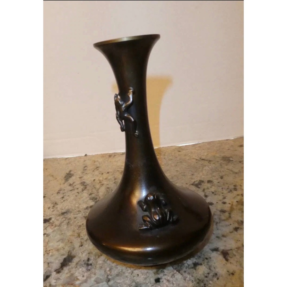 Vintage Japanese Cast Bronze Trumpet Vase Figural Frog Mid-Century Modern